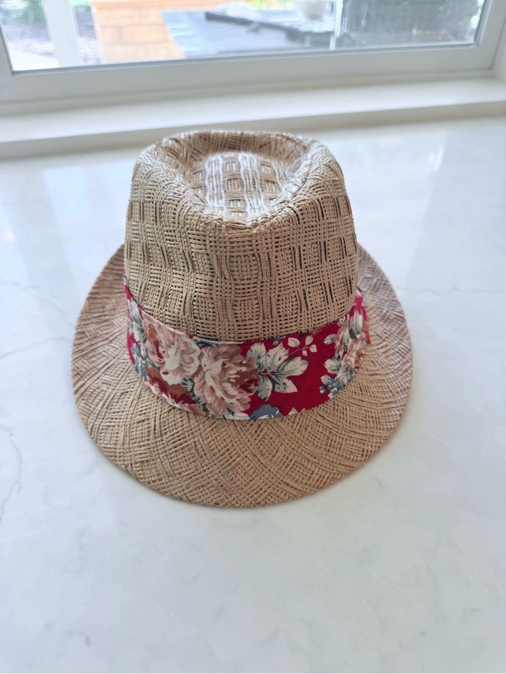 Straw Fedora with Red Floral Band